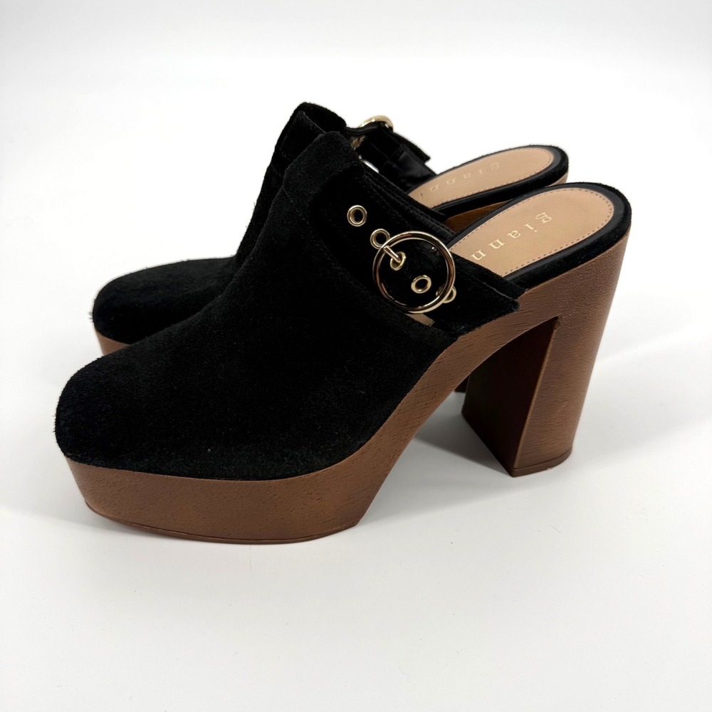 Gianni Bini 7.5 Sotelo Platform Mules Black Suede Buckle Block Heel Boho Chunky